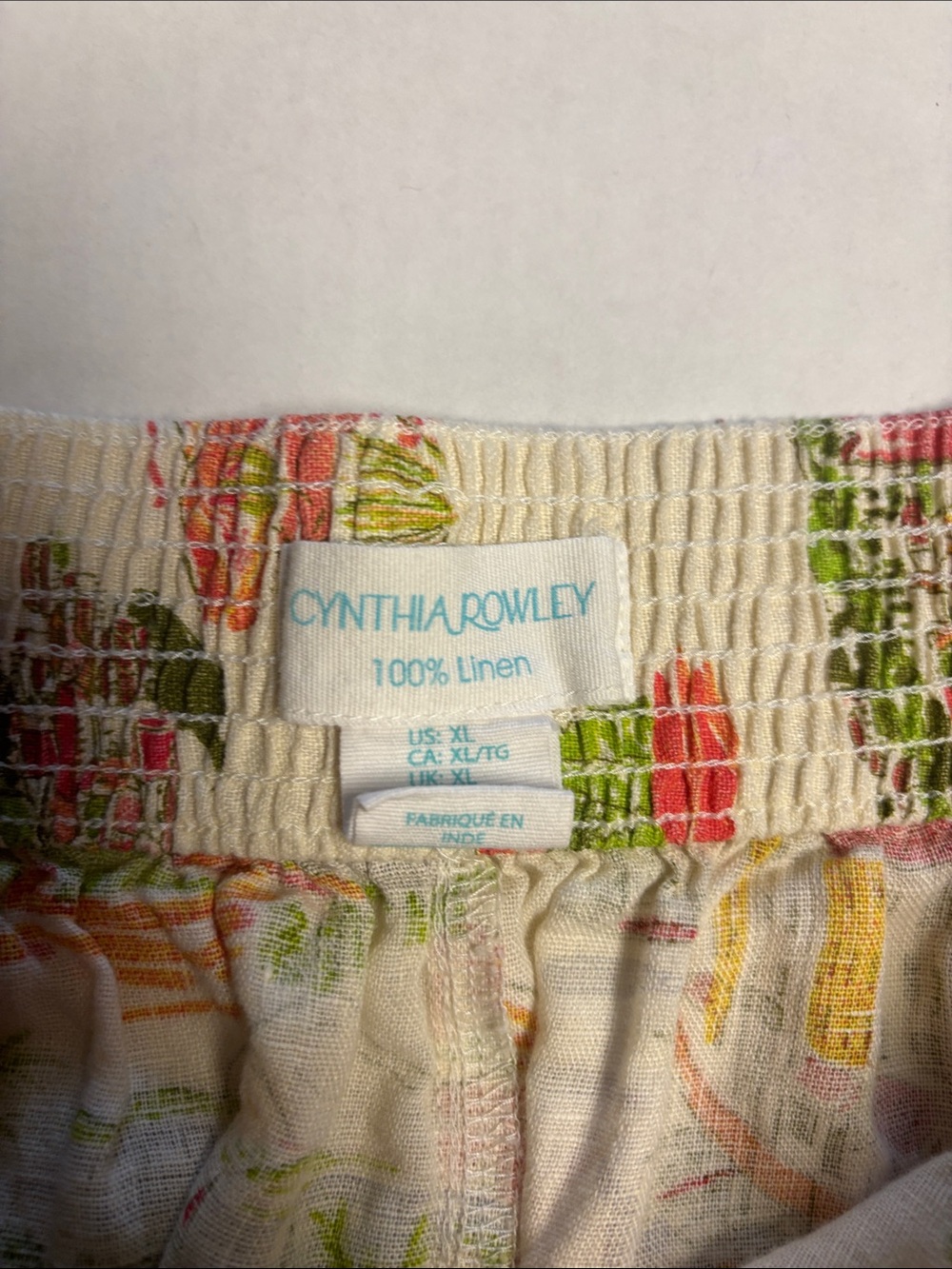Cynthia Rowley Cream Wide-Leg Pants with Pink & Green Scenic Print- 100% Linen - Picture 4 of 4